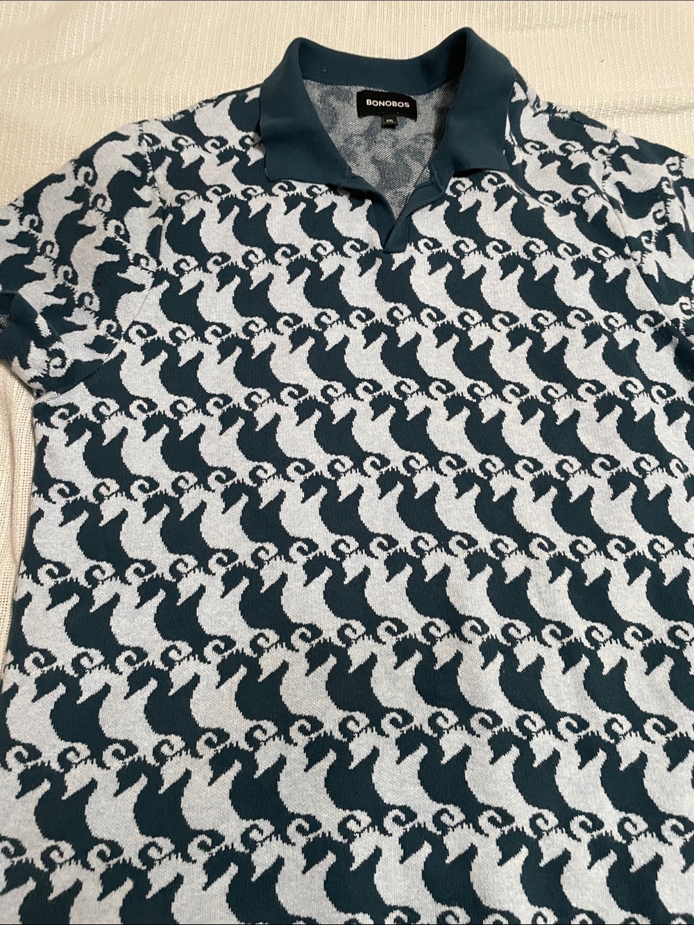 Bonobos Teal and White Wave-Pattern Knit Polo
